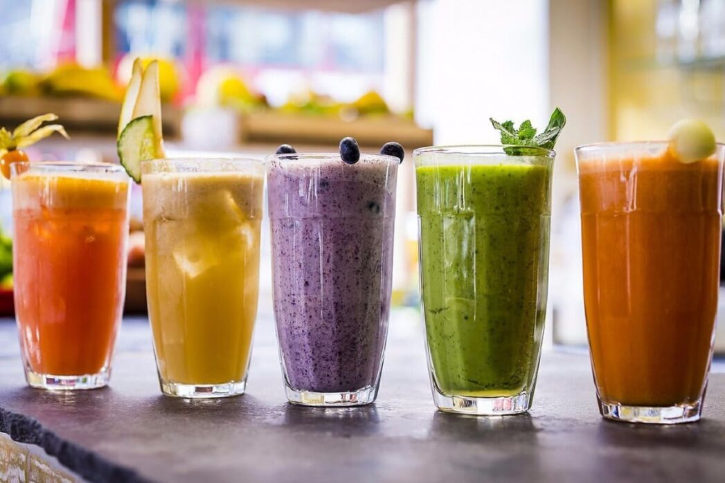 A variety of weight loss shakes are prepared with fresh ingredients. 
